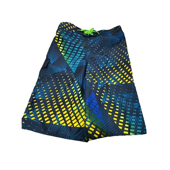 Highland Outfitters Boys Blue and Lime Green Print Drawstring Swim Trunks S 14 - Picture 1 of 6